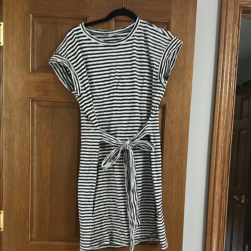 Black and White Striped T Shirt Dress with Belt